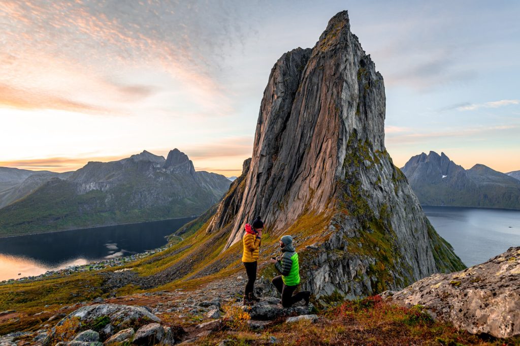 Proposal at Senja in Norway in front of iconic mountain Segla