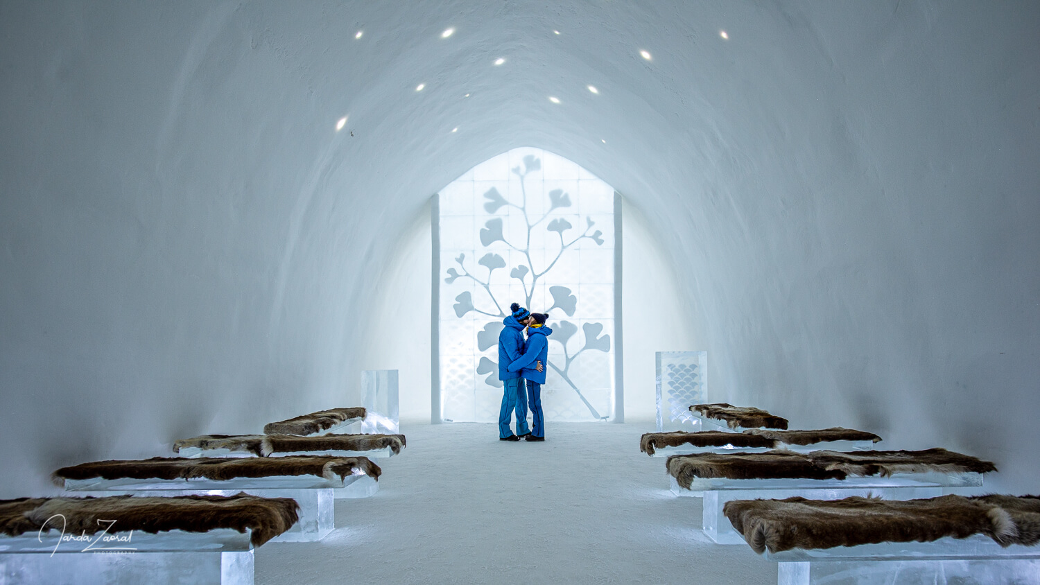 Couple kissing at Ice Hotel Sweden